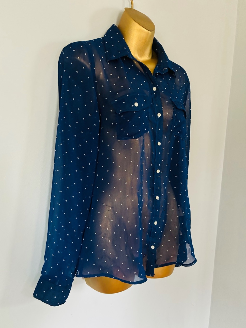 Abercrombie & Fitch Navy Polka Dot Sheer Button Down Blouse Top Size S - Picture 3 of 5